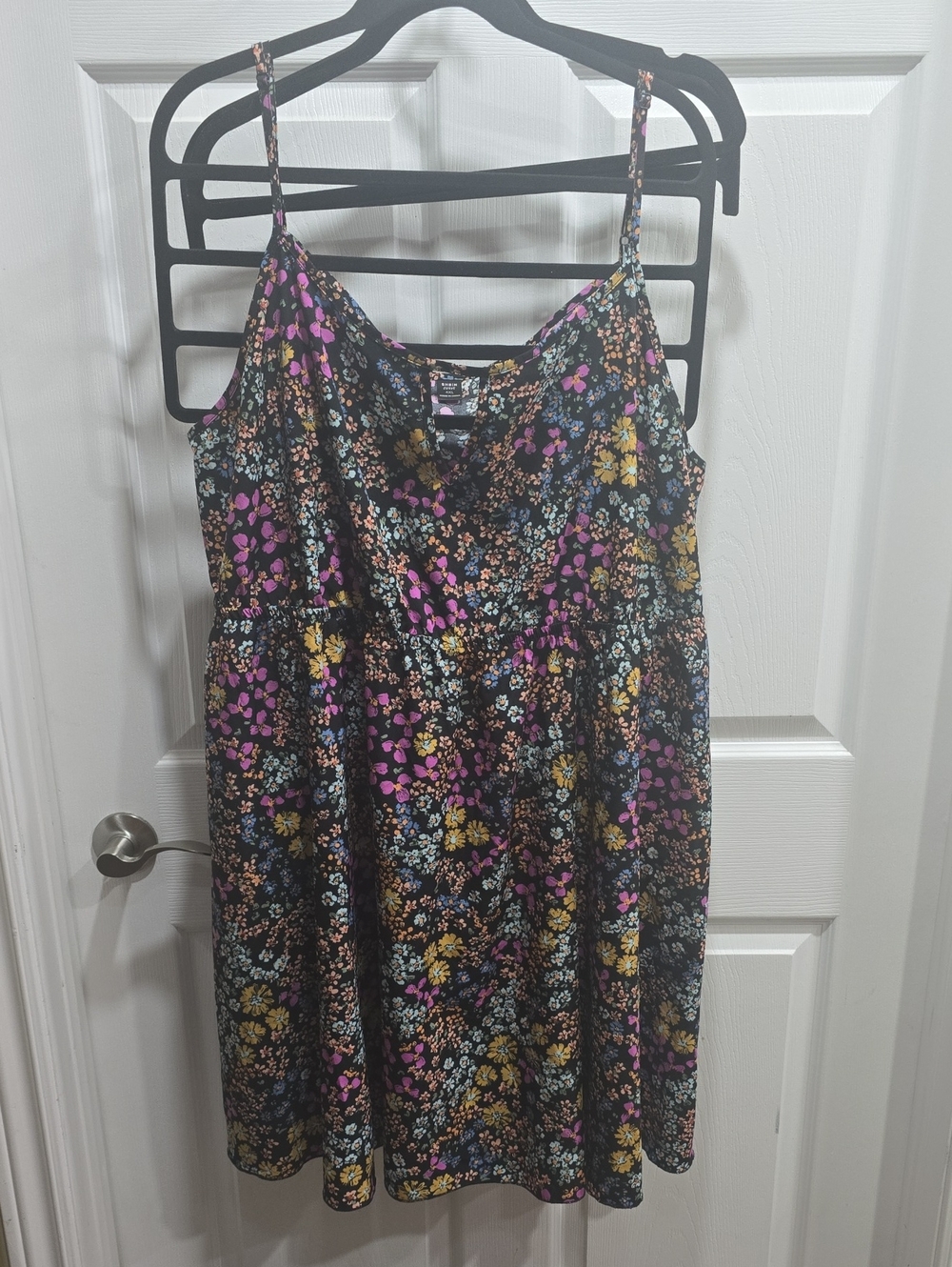 SHEIN Black Floral Spaghetti Strap Dress with Pink Yellow Blue Flowers